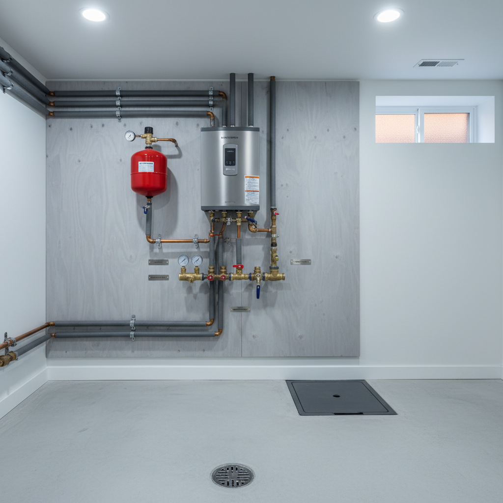 A wide, photographic realistic view of a tidy Littleton residential mechanical room featuring a high-efficiency tankless water heater, expansion tank, and insulated copper lines running neatly along the wall. The equipment is mounted on a light gray painted backboard, with valves and shutoffs precisely aligned and clearly labeled. A floor drain and sump pit cover sit in the smooth concrete floor, indicating well-planned drainage. The room is lit by a combination of bright overhead LED fixtures and soft daylight from a small basement window, producing even, neutral lighting. Shot from a slightly low angle with sharp focus throughout, the composition feels modern, efficient, and trustworthy, showcasing premium plumbing system upgrades.
